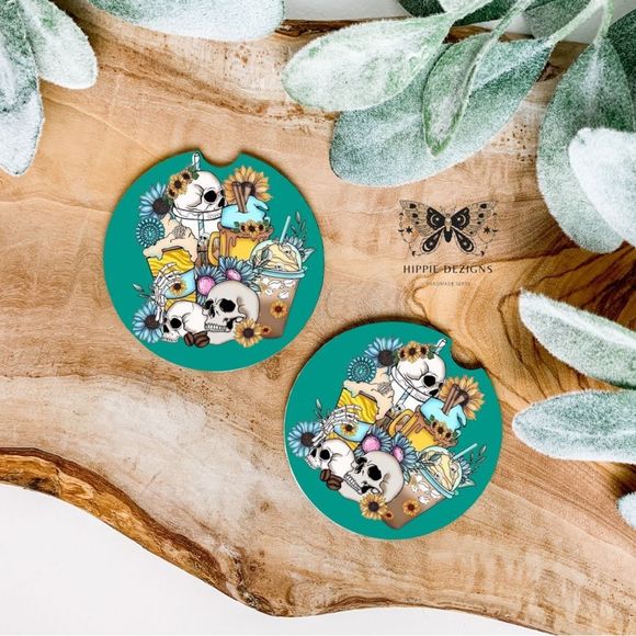 Sunflower 🌻 Skull Car Coaster Set | Car Accessories - Picture 1 of 8